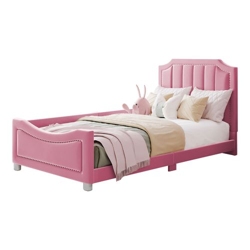 Lit Enfant 90x200 - Lit Simple Avec Dossier Et Accoudoir - Confortable Pour Enfant - Flanelle Rose