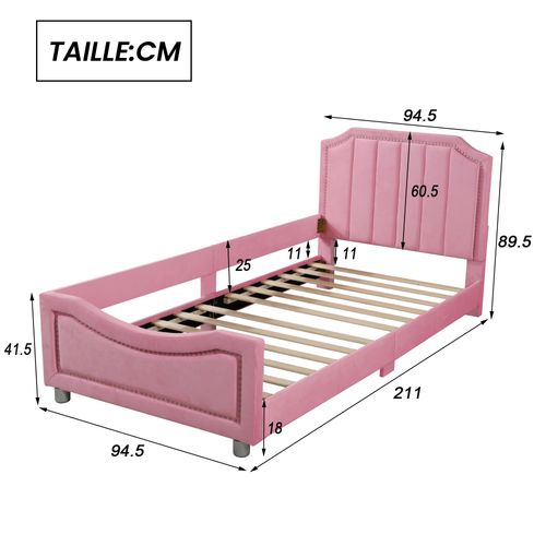 Lit Enfant 90x200 - Lit Simple Avec Dossier Et Accoudoir - Confortable Pour Enfant - Flanelle Rose