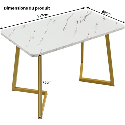 Table à Manger Design - Plateau Mdf Aspect Marbre - Piètement Doré - Style Moderne - Métal - Blanc