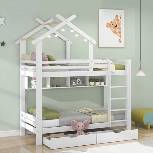 Lit Superposé 90x200 Cm - Enfant - 2 Tiroirs - 4 Niches - Rangements Intégrés - Mdf - Blanc