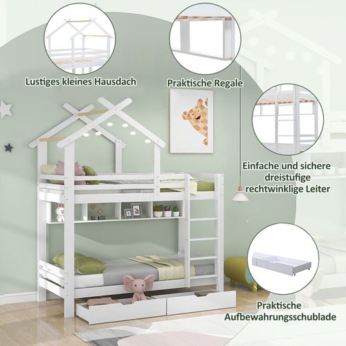 Lit Superposé 90x200 Cm - Enfant - 2 Tiroirs - 4 Niches - Rangements Intégrés - Mdf - Blanc