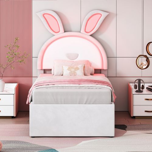 Lit Gigogne 90x200 - Tiroirs Et Éclairage LED Changeant - Chambre D’enfant - Velours - Beige