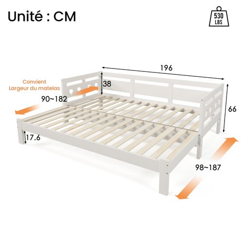 Lit Gigogne 90x190 Cm - Lit Banquette Design Cœur - Bois De Pin Et Mdf - Blanc