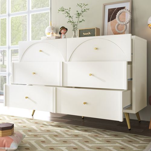 Commode 6 Tiroirs - Rangement Chambre Salon - Structure Métal Bois - Métal Bois - Blanc Crème