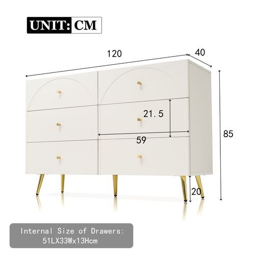 Commode 6 Tiroirs - Rangement Chambre Salon - Structure Métal Bois - Métal Bois - Blanc Crème