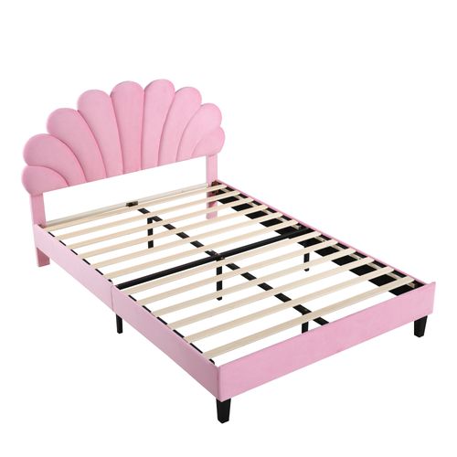 Lit Capitonné 140x200 Cm - Lit Double Avec Tête Fleurie Et Sommier à Lattes - Velours Rose