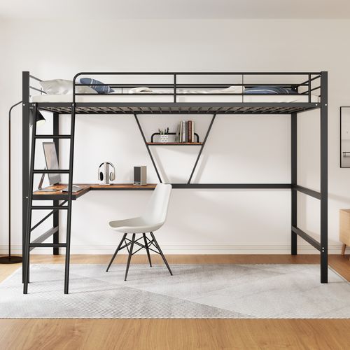 Lit Mezzanine 90x200 Cm - Lit Avec Bureau Intégré Forme L Et Étagère - Métal + Mdf - Noir
