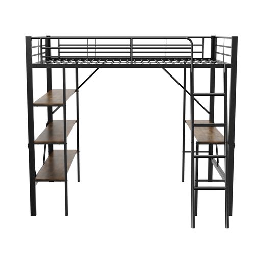 Lit Mezzanine 90x200 Cm - Lit Simple Avec Bureau - Cadre Métal - Noir