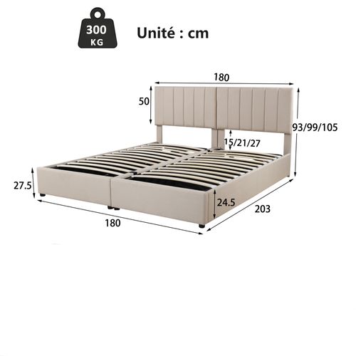 Lit Coffre 180x200 Cm - Coffre Hydraulique - 24 Lattes - Rangement Pratique - Lin - Beige