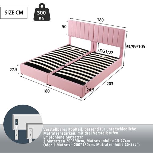Lit Coffre 180x200 Cm - Lit Double Capitonné - Rangement Hydraulique - Tissu Lin - Rose