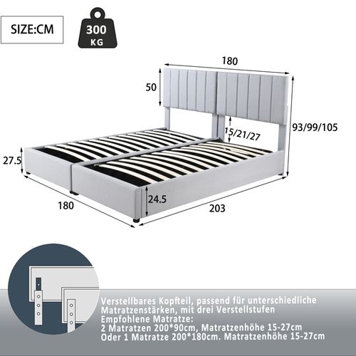 Lit Coffre 180x200 Cm Double Avec Rangement Et Sommier à Lattes, Lit Capitonné Lin Gris