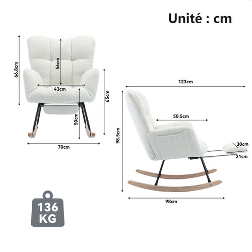 Fauteuil à Bascule Relax - Repose-pieds - Dossier Haut - Fauteuil Confortable - Tissu Teddy - Blanc