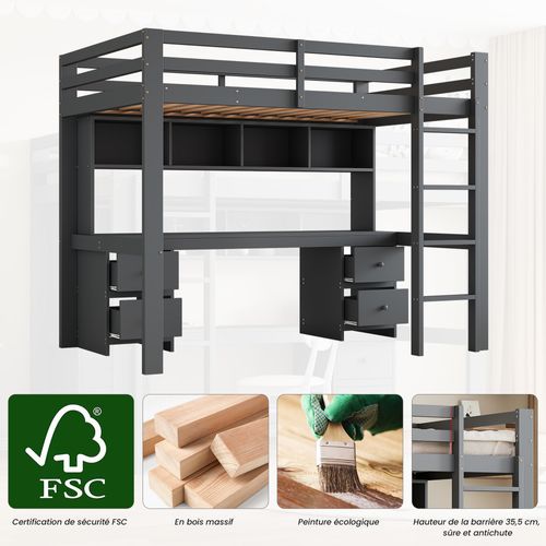 Lit Mezzanine 90 X 200 Cm - Lit Avec Rangement Et Escalier Sécurisé - Pin + Mdf - Gris