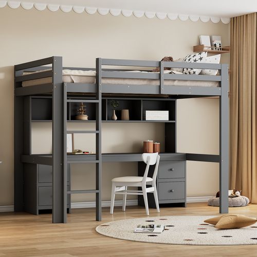 Lit Mezzanine 90 X 200 Cm - Lit Avec Rangement Et Escalier Sécurisé - Pin + Mdf - Gris