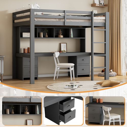 Lit Mezzanine 90 X 200 Cm - Lit Avec Rangement Et Escalier Sécurisé - Pin + Mdf - Gris