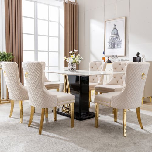 Chaises De Salle à Manger - Lot De 6 Chaises En Velours - Dossier - Anneau -pieds Métalliques -beige