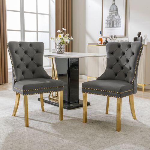 Chaises Pour Manger - Lot De 2 Chaises En Velours - Anneau Décoratif - Style Clouté - Gris