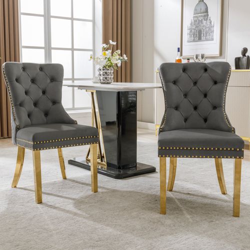 Chaises Pour Manger - Lot De 2 Chaises En Velours - Anneau Décoratif - Style Clouté - Gris