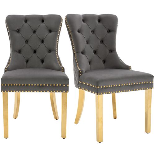 Chaises Pour Manger - Lot De 2 Chaises En Velours - Anneau Décoratif - Style Clouté - Gris