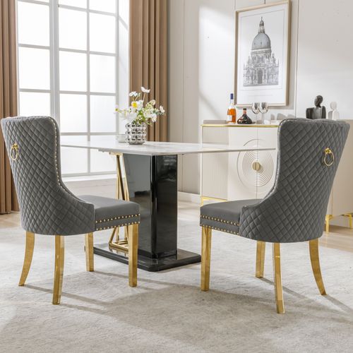 Chaises Pour Manger - Lot De 2 Chaises En Velours - Anneau Décoratif - Style Clouté - Gris