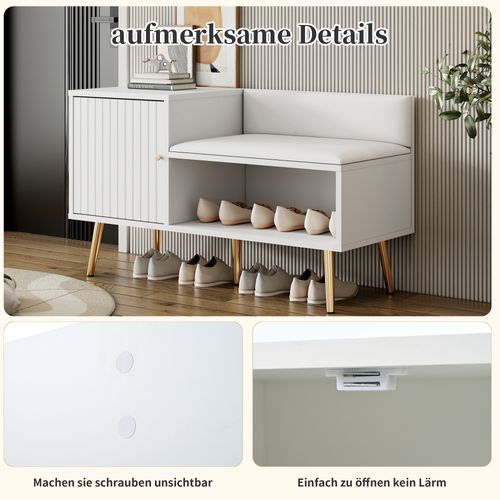 Meuble à Chaussures - Banc D’entrée - Rangement - Assise Rembourrée - Poignées Métal - Blanc
