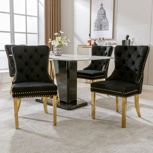 Chaises De Salle à Manger - Lot De 4 Chaises - Anneau Au Dossier - Velours - Pieds Métalliques -noir