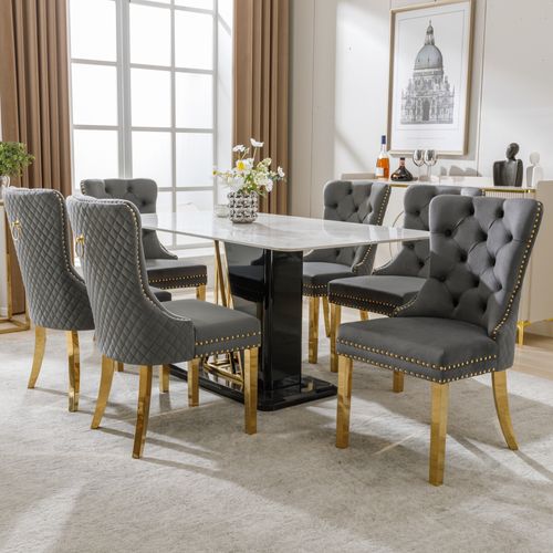 Chaises De Salle à Manger - Lot De 6 Chaises - Dossier Anneau Doré - Pieds Métalliques -velours Gris