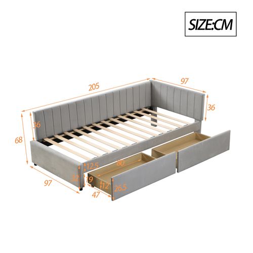 Lit Banquette 90x200 Cm - Lit Avec 2 Tiroirs De Rangement Et Sommier à Lattes - Velours Gris
