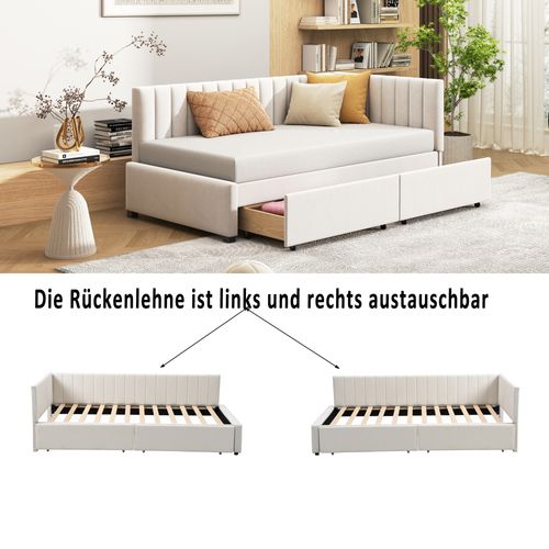 Lit Banquette 90x200 Cm - Lit Avec 2 Tiroirs De Rangement Et Sommier à Lattes - Velours Beige