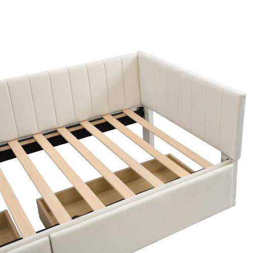 Lit Banquette 90x200 Cm - Lit Avec 2 Tiroirs De Rangement Et Sommier à Lattes - Velours Beige