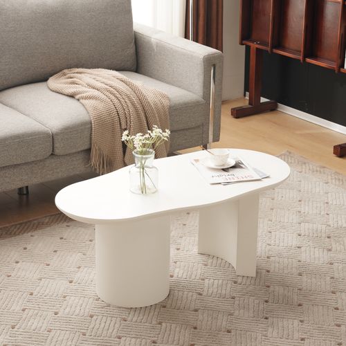 Table Basse Moderne Irrégulière - Plateau Mdf Laqué Haut Brillant - Design Contemporain - Blanc