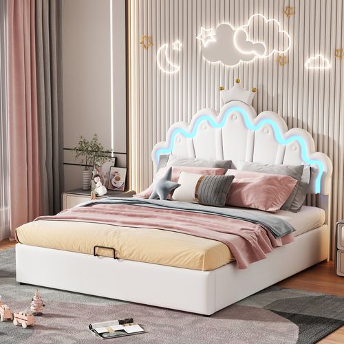Lit Coffre 140x200 Cm - Lit Enfant Capitonné Avec Éclairage LED, Structure Mdf Et Métal - Blanc