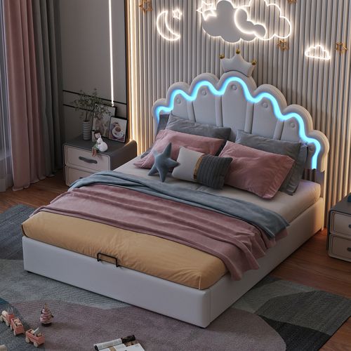 Lit Coffre 140x200 Cm - Lit Enfant Capitonné Avec Éclairage LED, Structure Mdf Et Métal - Blanc