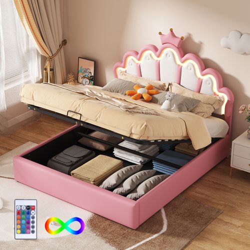 Lit Coffre Enfant 140x200 Cm - Lit Double Avec Rangement Et Lumière LED, Mdf + Simili - Rose