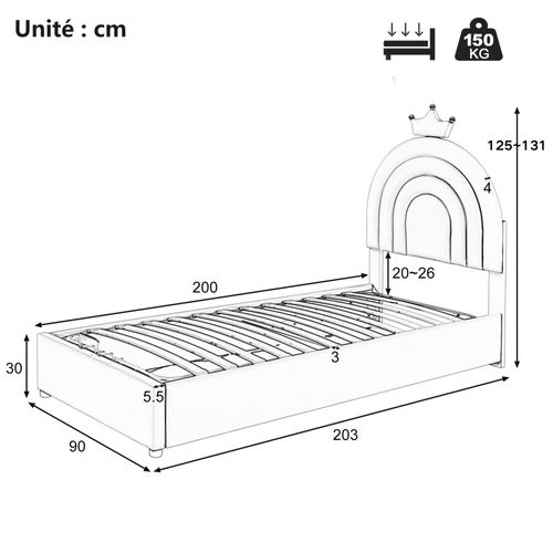 Lit Enfant 90x200 Cm - Lit Avec Coffre Caché - Tête Arc-En-Ciel - Confortable - Stable - Rose