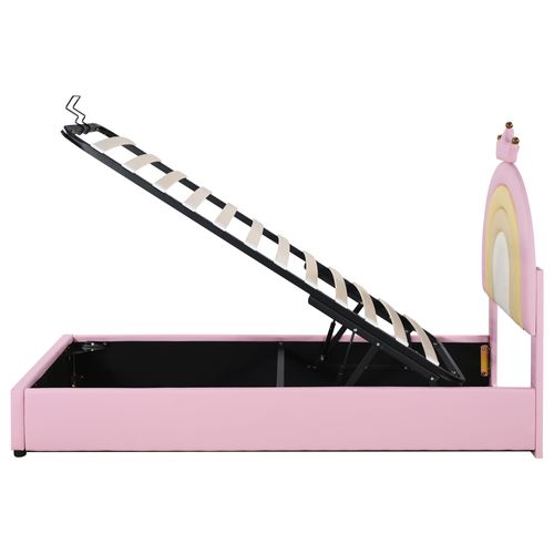 Lit Enfant 90x200 Cm - Lit Avec Coffre Caché - Tête Arc-En-Ciel - Confortable - Stable - Rose