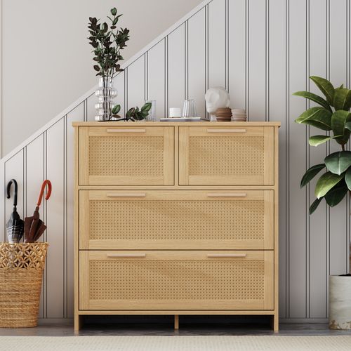 Commode De Rangement Design Avec 4 Tiroirs En Rotin Et Poignées Bois - Bois Massif+mdf - Naturel