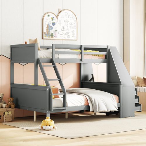 Lit Superposé 90x200 Cm - Lit Enfant Avec Bureau Intégré - Rangement Et Sécurité Renforcée - Gris