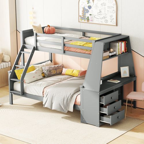 Lit Superposé 90x200 Cm - Lit Enfant Avec Bureau Intégré - Rangement Et Sécurité Renforcée - Gris