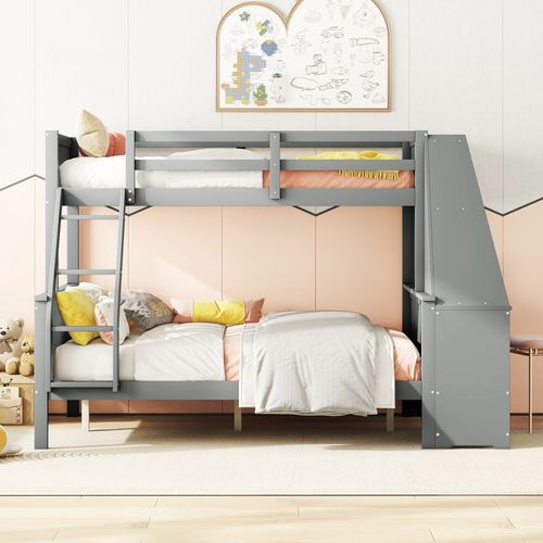 Lit Superposé 90x200 Cm - Lit Enfant Avec Bureau Intégré - Rangement Et Sécurité Renforcée - Gris