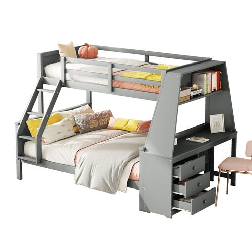 Lit Superposé 90x200 Cm - Lit Enfant Avec Bureau Intégré - Rangement Et Sécurité Renforcée - Gris