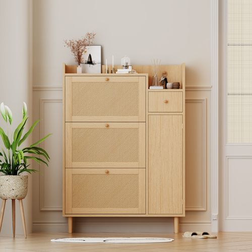 Meuble à Chaussures - 3 Abattants - Tiroir - Rotin Tressé - Pieds Stables - Naturel