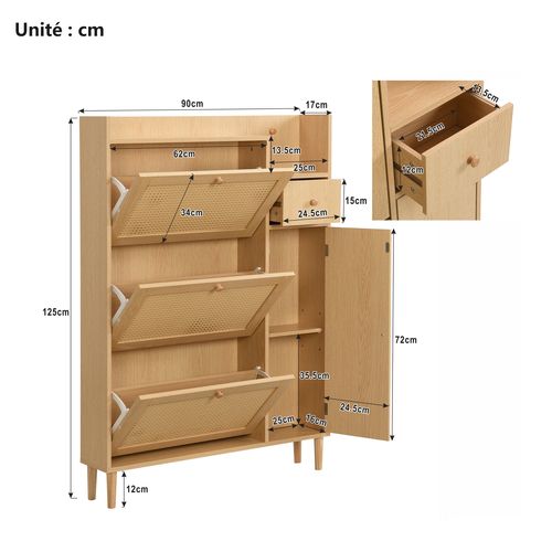 Meuble à Chaussures - 3 Abattants - Tiroir - Rotin Tressé - Pieds Stables - Naturel