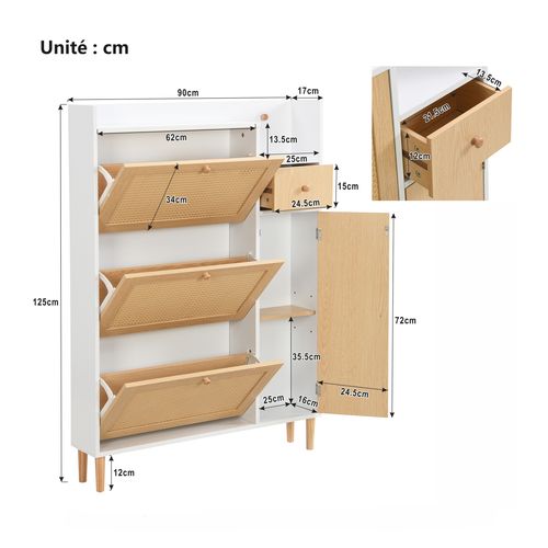 Meuble à Chaussures - Rotin - Tiroir - 3 Portes Abattantes - Pieds Stables - Blanc/naturel