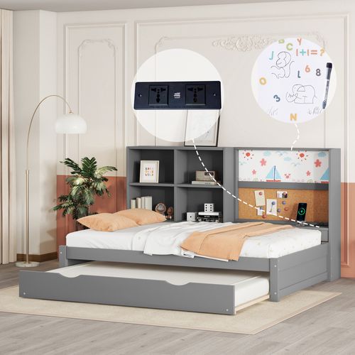 Lit Gigogne 90 X 200 Cm - Lit Enfant Avec Table à Dessin Et USB - Bois + Mdf - Sans Matelas - Gris