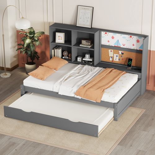 Lit Gigogne 90 X 200 Cm - Lit Enfant Avec Table à Dessin Et USB - Bois + Mdf - Sans Matelas - Gris