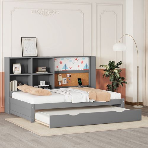 Lit Gigogne 90 X 200 Cm - Lit Enfant Avec Table à Dessin Et USB - Bois + Mdf - Sans Matelas - Gris
