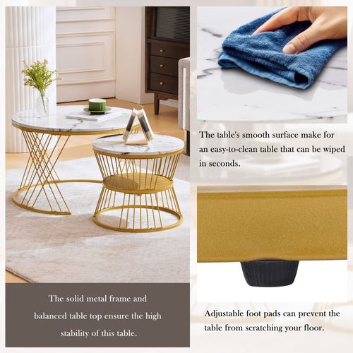 Table Gigogne Lot De 2 Ronde, Avec Finition Mdf Laquée Brillante Et Structure Métal - Blanc