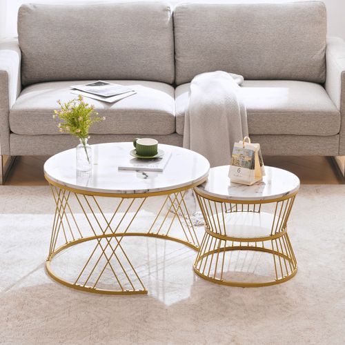 Table Gigogne Lot De 2 Ronde, Avec Finition Mdf Laquée Brillante Et Structure Métal - Blanc