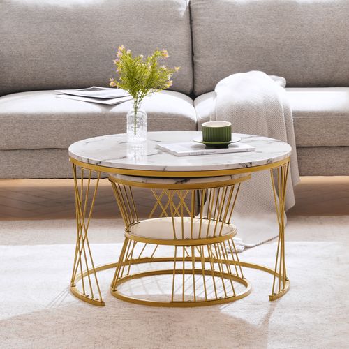 Table Gigogne Lot De 2 Ronde, Avec Finition Mdf Laquée Brillante Et Structure Métal - Blanc